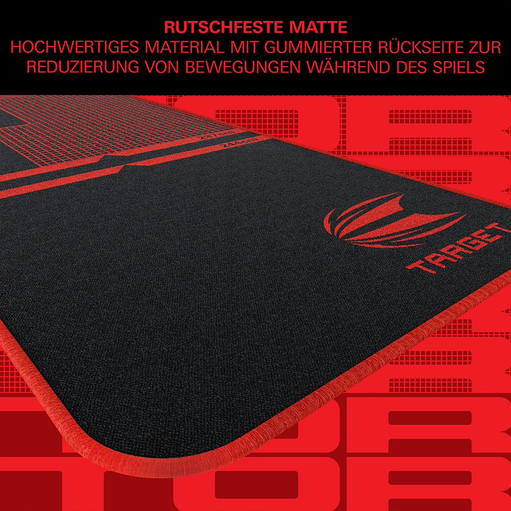Tapis de fléchettes noir avec des lignes de tir de précision rouges et le logo « Target » en rouge. Sa bordure rouge, sa surface texturée et son dos en caoutchouc antidérapant limitent les mouvements pendant la partie et protègent le sol.
