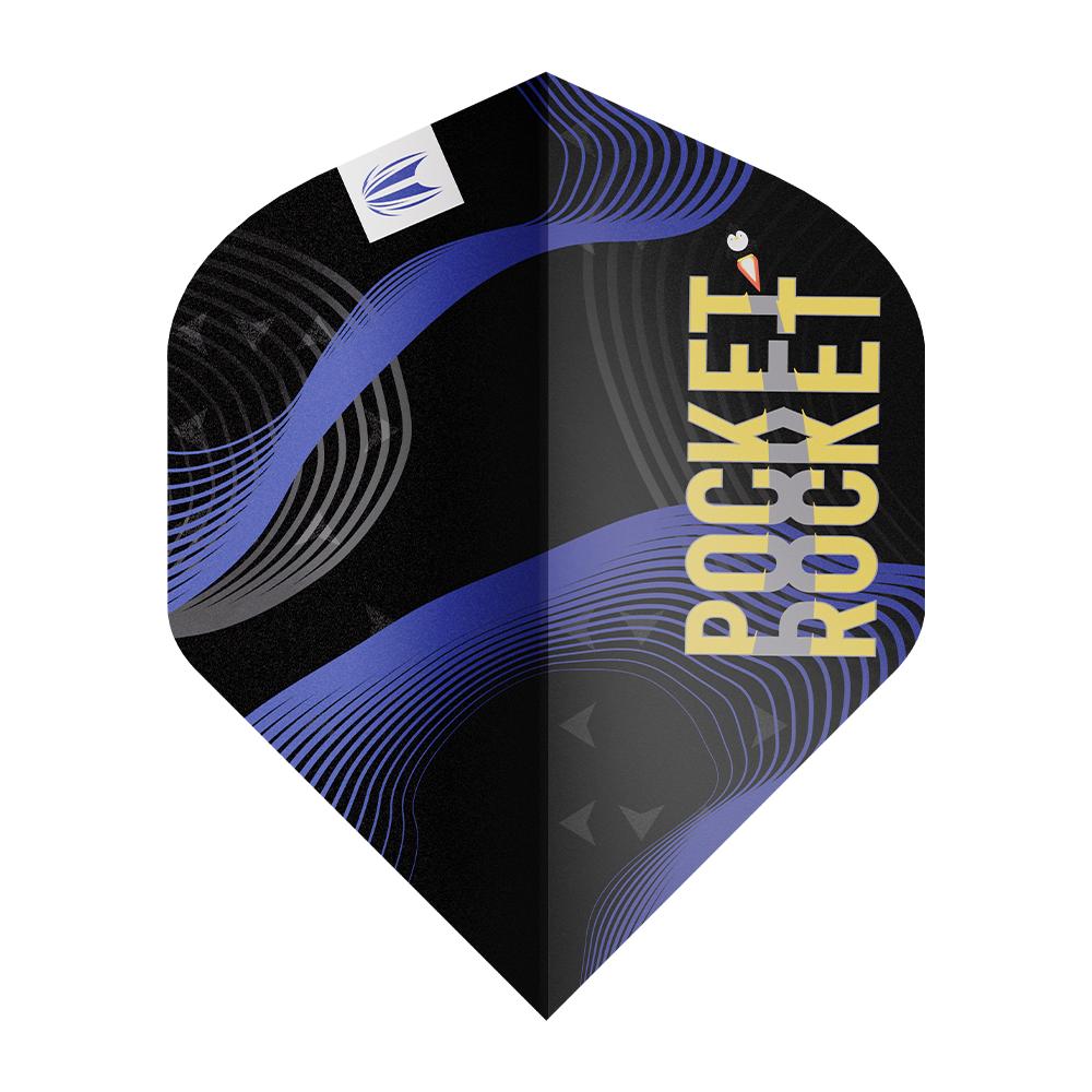 Plume de fléchette noire avec lignes ondulées bleues et grises. Inscription verticale « POCKET ROCKET » en lettres dorées, pingouin blanc en vol comme point du « i » de « POCKET ». Logo blanc « Target » en haut à gauche. Plume Pro Ultra n° 2.