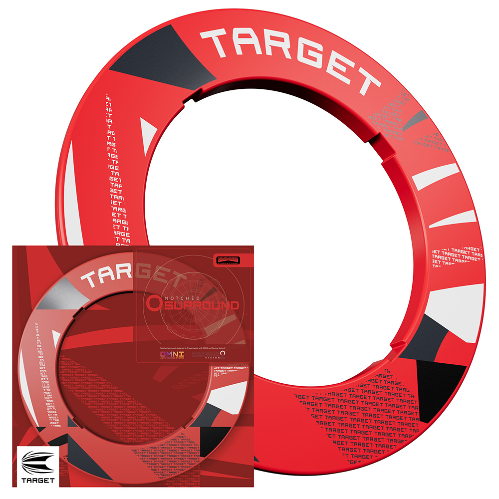 Anneau de réception rouge vif pour cibles de fléchettes, avec motifs géométriques noir et blanc. Grand logo « Target », petits textes « Target » répétés et encoches discrètes pour l'éclairage ou le comptage des points.