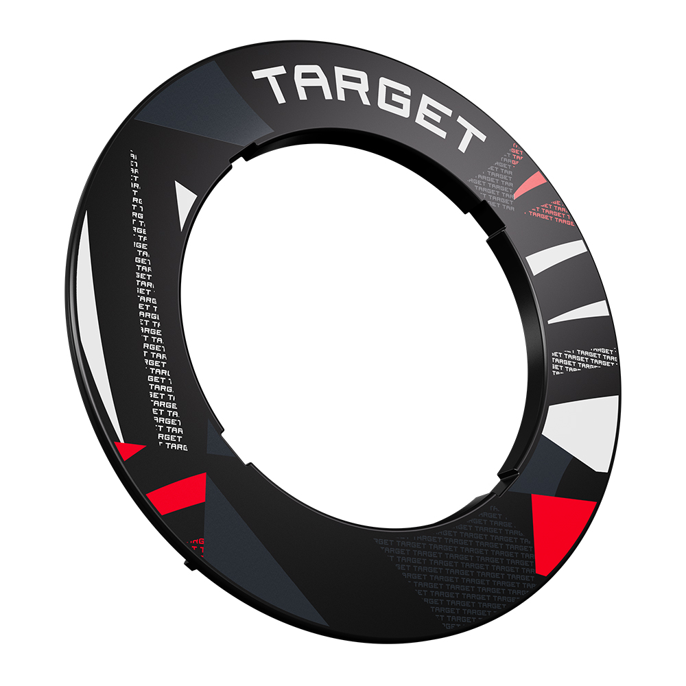 Anneau de réception noir et rond, orné en haut d’une grande inscription blanche « Target ». Surface avec motif dynamique de formes géométriques rouges, blanches et grises. Bord intérieur « Target » répété en plus petit. Cranté, modulaire.