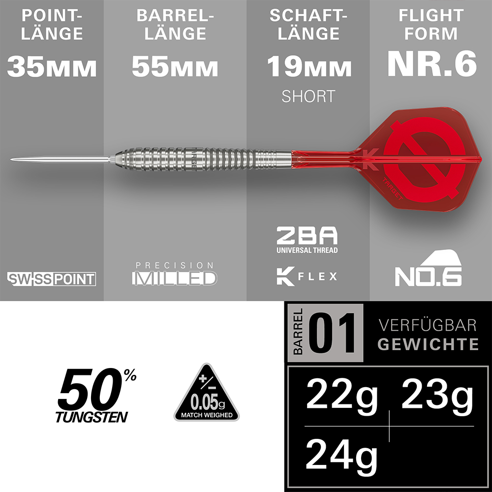 Fléchette acier avec pointe Swiss Point argent 35 mm, corps 55 mm à rainures radiales (50 % tungstène) et tige courte rouge K-Flex 19 mm. Plumeau rouge n°6 logo « Target ». Poids : 22, 23, 24 g ; tolérance +/- 0,05 g.