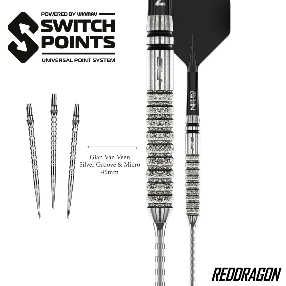 Eine Abbildung zeigt einen Dartpfeil mit silbernem Barrel, strukturiertem Griff, schwarzem Schaft und schwarzem Nitro Elite Flight. Daneben drei silberne Gian Van Veen Silver Groove & Micro 45mm Wechselspitzen des Winmau SWITCH POINTS Systems.