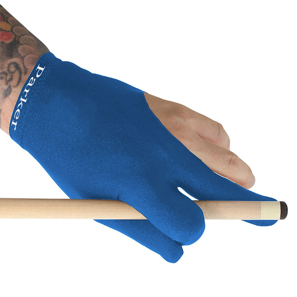 A blue billiards glove covers the palm, thumb, index finger and middle finger of a tattooed hand holding a cue. The lettering “Parker ” is white and visible vertically on the wrist. The remaining fingers remain uncovered.