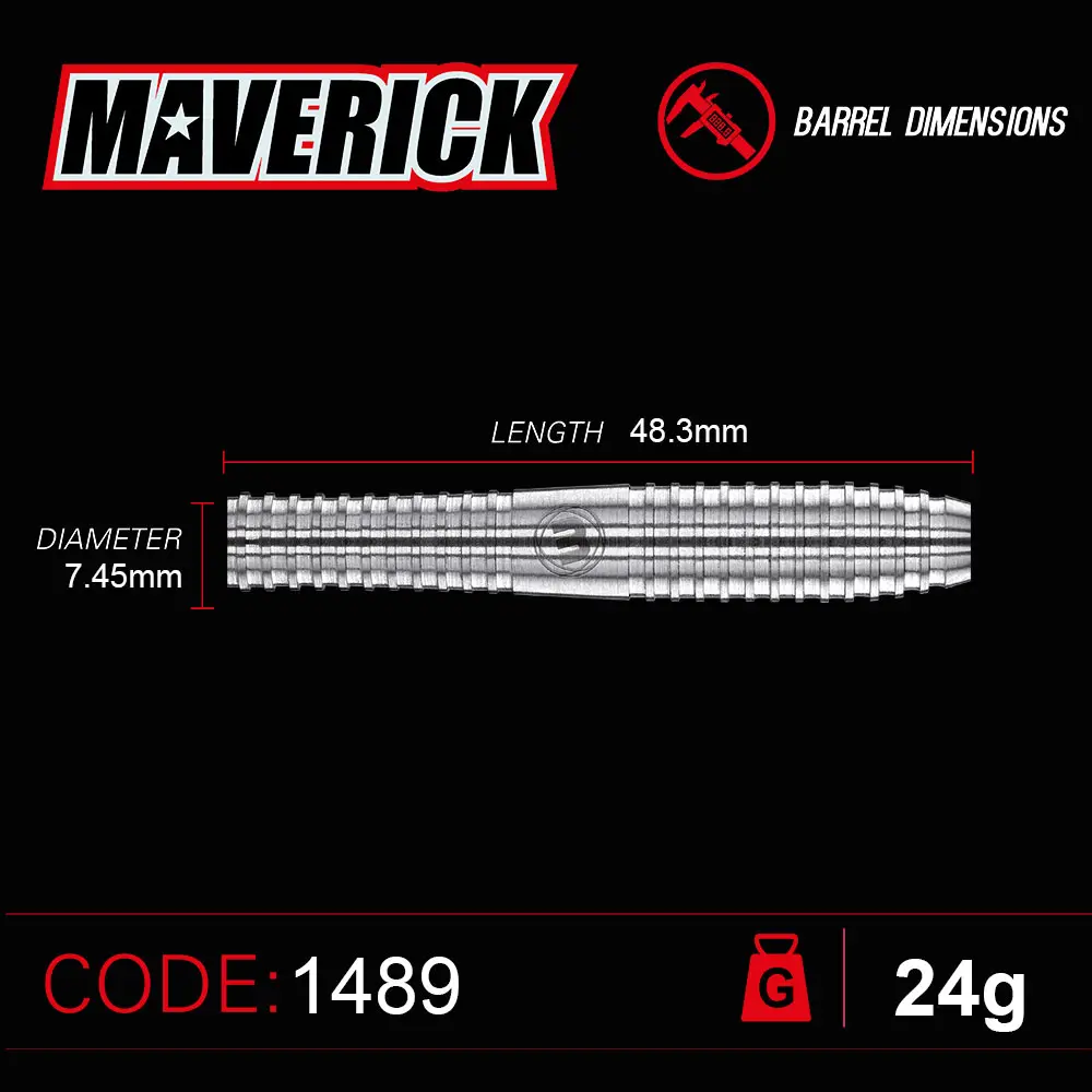 Detailansicht eines silbernen Steeldart-Barrels vom Modell Winmau Maverick mit Rillenstruktur. Die Länge des Barrels beträgt 48,3mm, der Durchmesser 7,45mm. Es ist das Modell 1489 mit einem Gewicht von 24 Gramm, ideal für präzises Dartspiel.