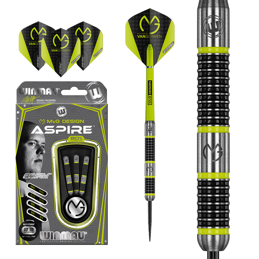 Winmau MVG Design Aspire Darts Set. Packaging featuring Michael van Gerwen, three 23g steel-tip darts in silver/neon green. Individual darts with a ribbed grip surface and green rings. Three flights with the MVG logo.