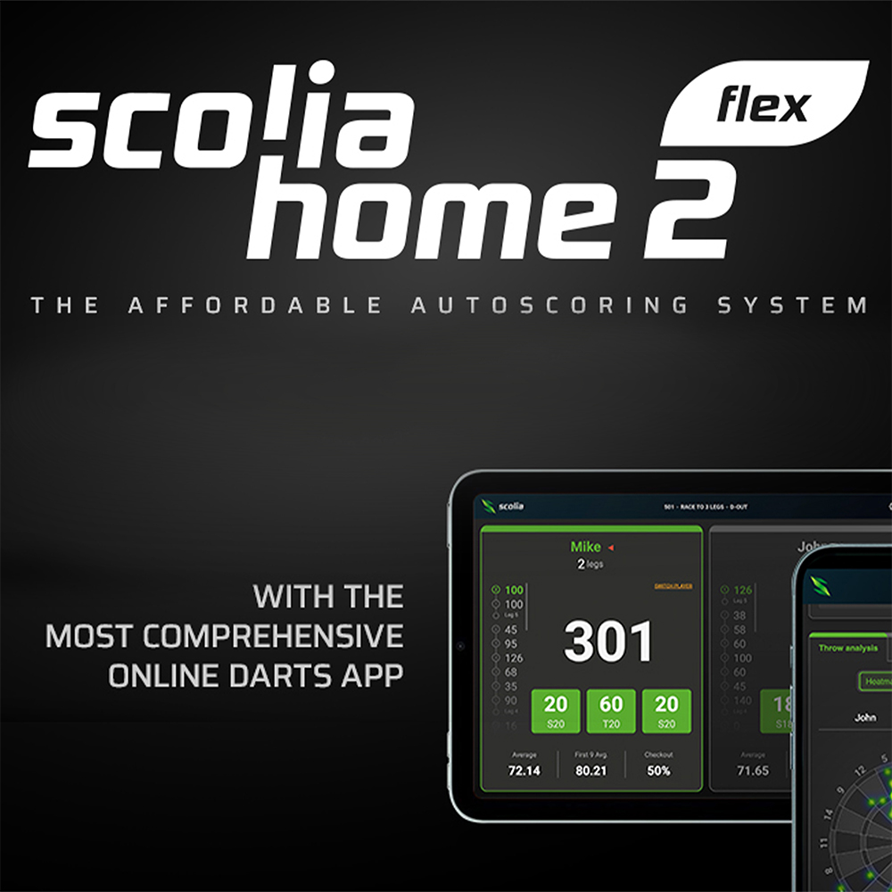 Pub pour Scolia Home 2 Flex, système de comptage automatique aux fléchettes. Fond gris foncé, texte blanc. Appli tablette/smartphone : scores, analyses (301) et stats de Mike. Slogan : « l'appli de fléchettes en ligne la plus complète ».