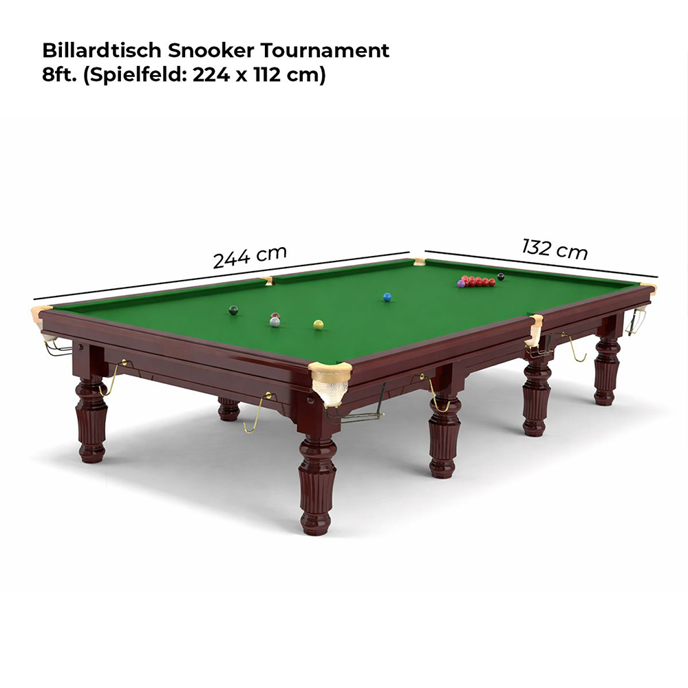 Table de billard snooker 8 pieds en bois foncé avec surface en feutre vert. Plusieurs boules colorées sur le plateau, dont un triangle rouge. Dimensions : 244 x 132 cm, surface de jeu 224 x 112 cm. 6 poches, pieds tournés.