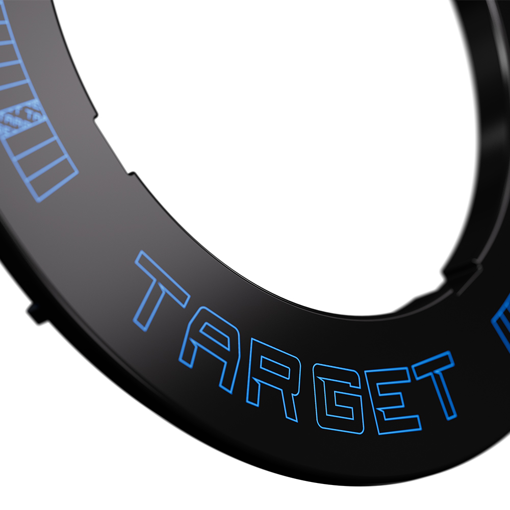Catchring noir dentelé pour cibles de fléchettes, avec le mot « Target » en lettres bleues lumineuses. Fabriqué en Active Reflex Polymer, avec éclairage d'ambiance LED bleu intégré pour créer une ambiance chaleureuse et protéger la cible.