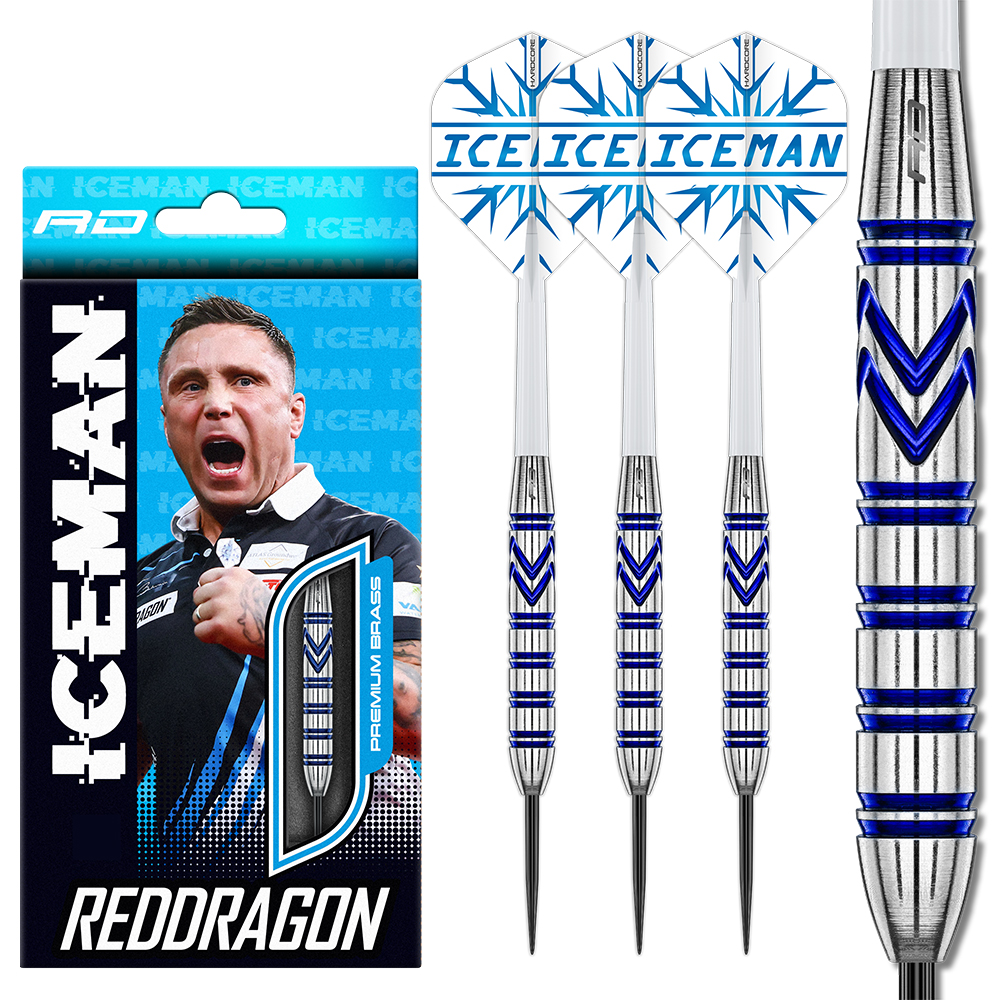 Three Gerwyn Price Brass steel darts, both in their packaging and individually. White flights with blue ‘ICE ICEMAN’ patterns, white shafts, silver brass barrels with blue V-shaped grip patterns. Packaging featuring a picture of Gerwyn Price.