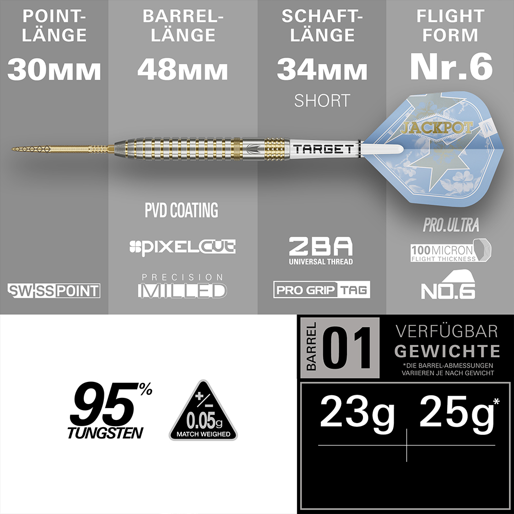 Fléchettes acier Target Adrian Lewis : pointe dorée, corps tungstène 95 % argenté avec rainures dorées, tige blanche et ailette bleu ciel motif « JACKPOT » horizontal. Caractéristiques : longueurs, forme ailettes, Swiss Point, poids.