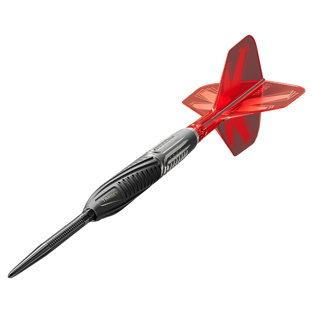 Target Shift 90% SP steel dart, slanted from top right to bottom left, with a black and silver textured barrel for optimum grip. Dark Swiss Point tip. Transparent red K-Shift flight and shaft system.