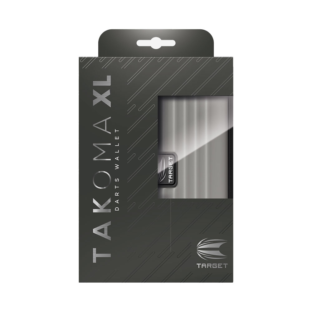 Emballage gris foncé du étui à fléchettes Takoma XL d'Target. La découpe montre l'étui Takoma XL gris nervuré, fabriqué en EVA robuste. Logo Target dans la fenêtre et sur l'emballage. À gauche, « TAKOMA XL DARTS WALLET » à la verticale.