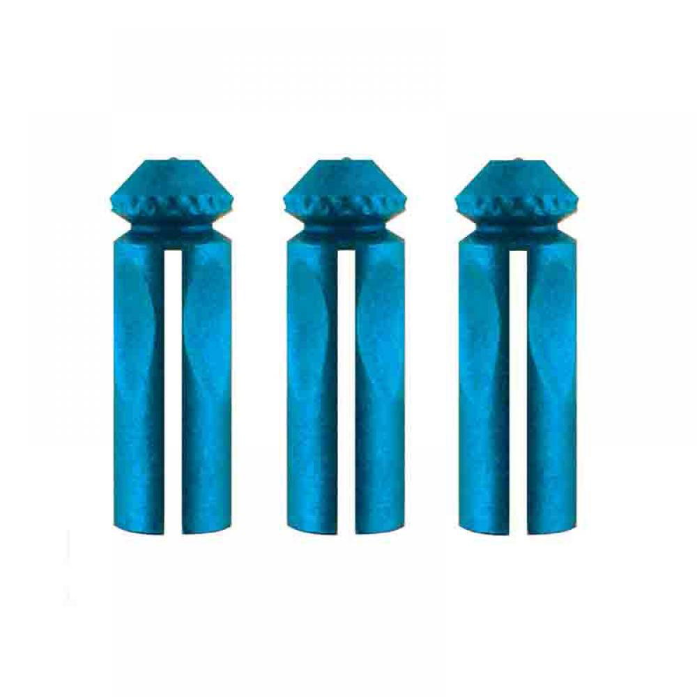 Three blue, cylindrical Target fly protectors stand side by side against a white background. Each protector has a grooved, tapered top and two vertical slits on the shaft, to protect the flies and optimise weight.