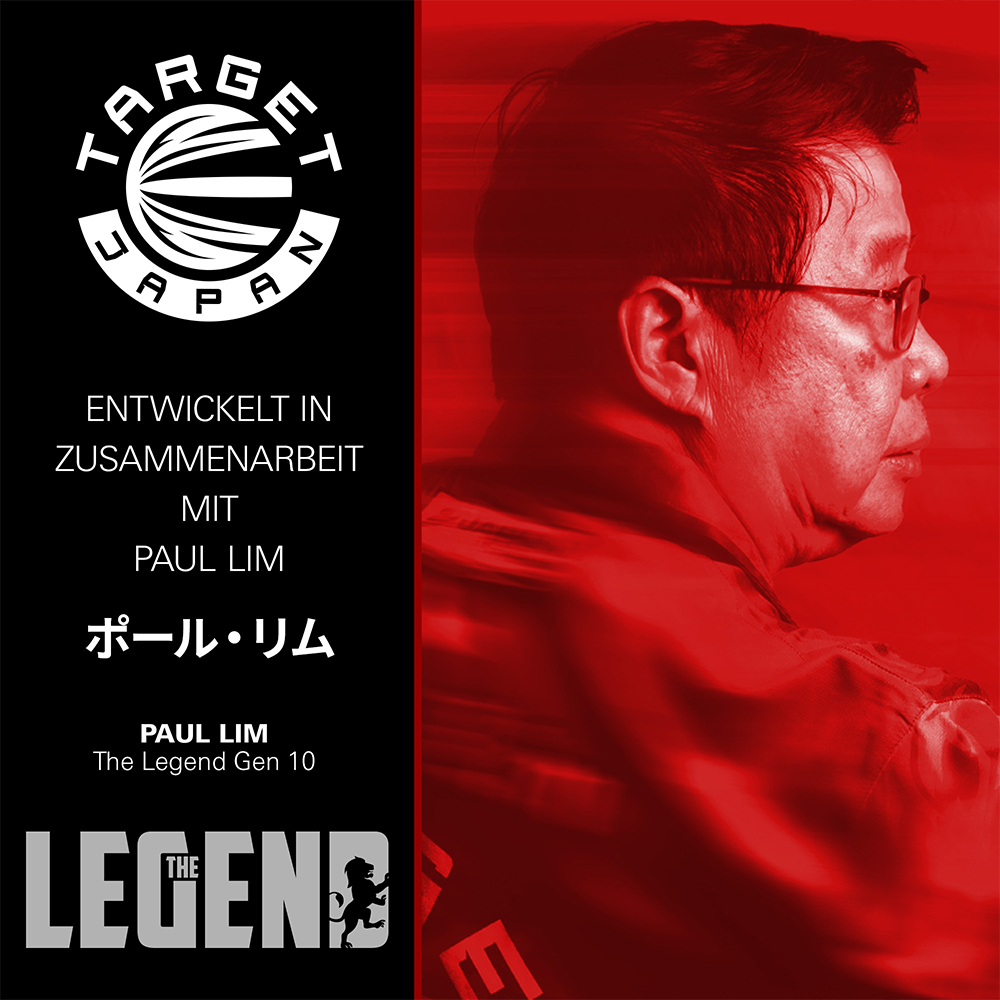 Geteiltes Bild: links auf Schwarz Target Japan-Logo, Text „Entwickelt in Zusammenarbeit mit Paul Lim“, „Paul Lim The Legend Gen 10“, „LEGEND“ mit Löwe. Rechts rotes Profilfoto von Paul Lim mit Brille.