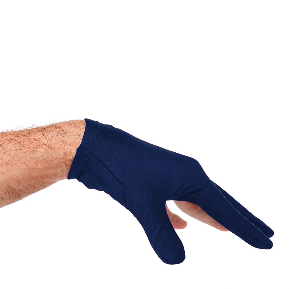 A hairy man’s hand is wearing a tight, dark blue glove. It covers the back of the hand and the fingers and reaches down to the wrist, where bare skin is visible. The thumb is slightly splayed; the fabric appears smooth.