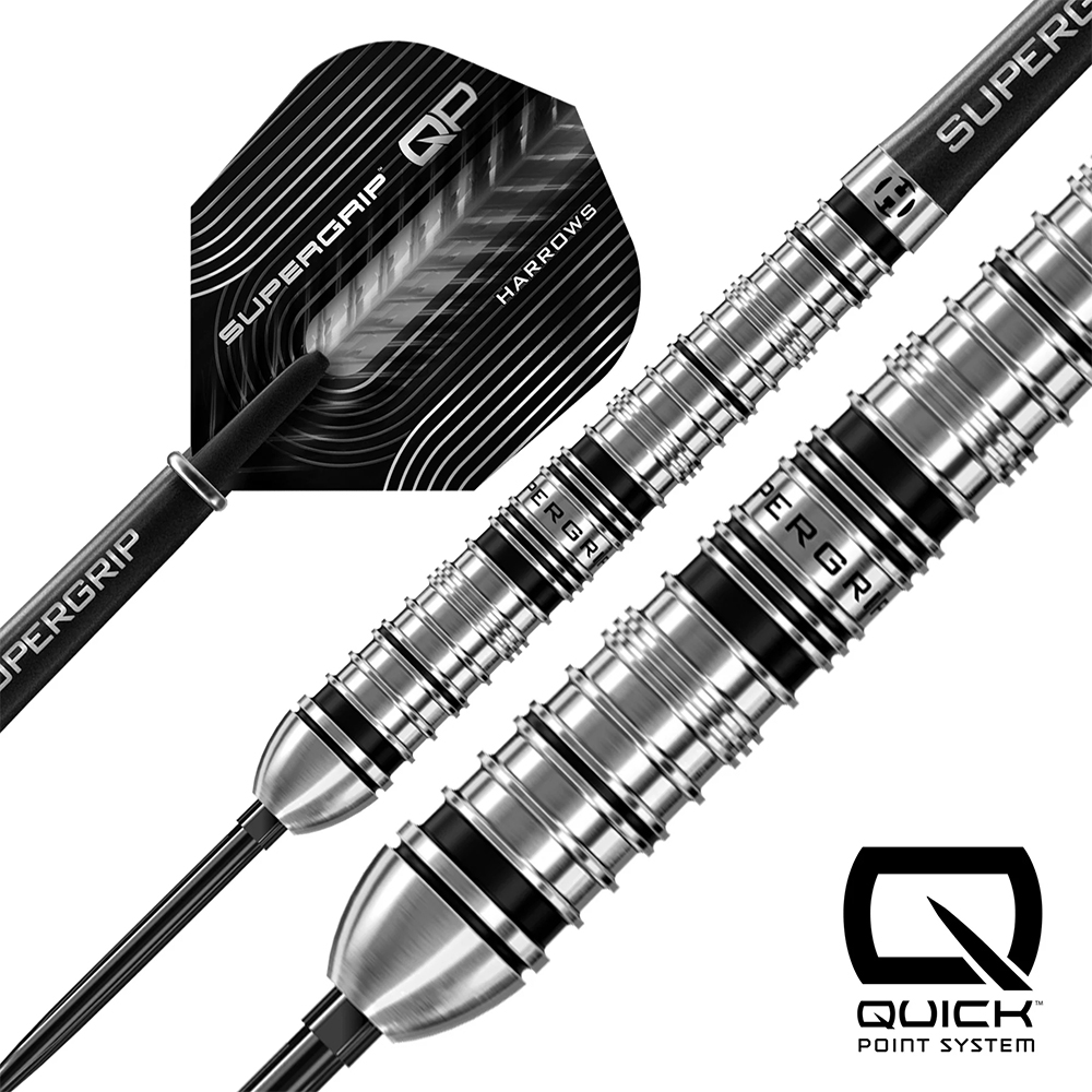 Harrows Supergrip QP steel darts with a silver 90% tungsten barrel, deep rings and black accents for maximum grip. Black shaft and flight featuring ‘SUPERGRIP QP’ and ‘Harrows’. Quick Point System logo at the bottom right.