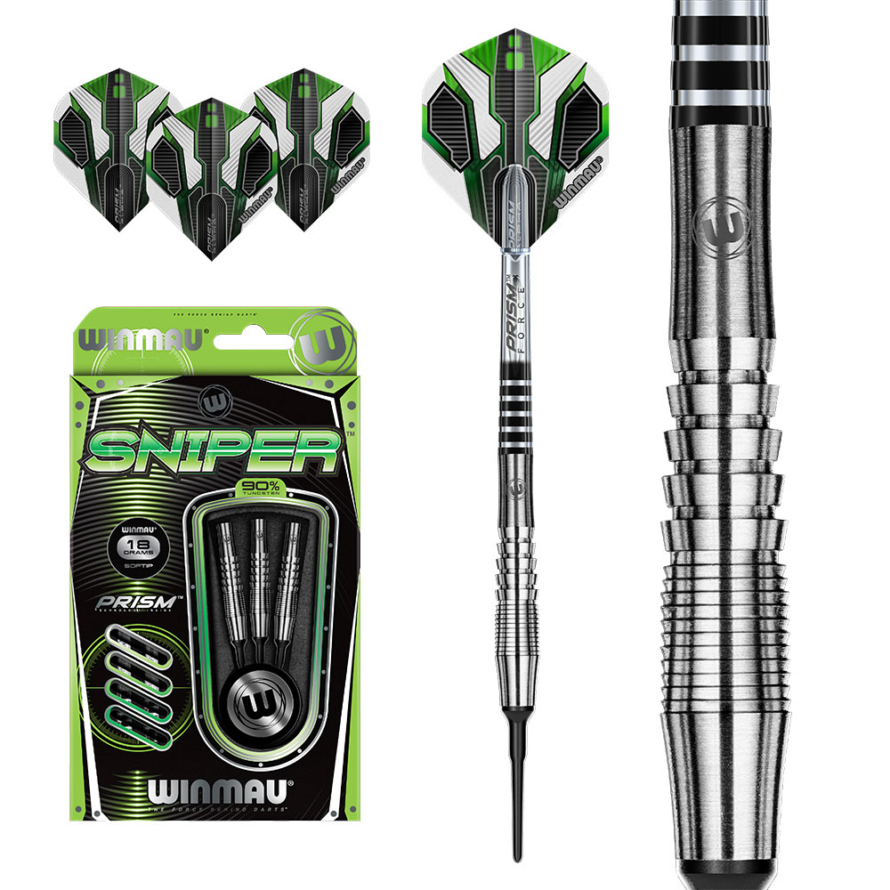Set de fléchettes souples Sniper Winmau : emballage vert avec trois corps, une fléchette assemblée et vue détaillée. Fléchette : corps argenté à anneaux noirs, tige Prism Force, ailette Prism Delta vert/blanc/noir. « 18 g ».