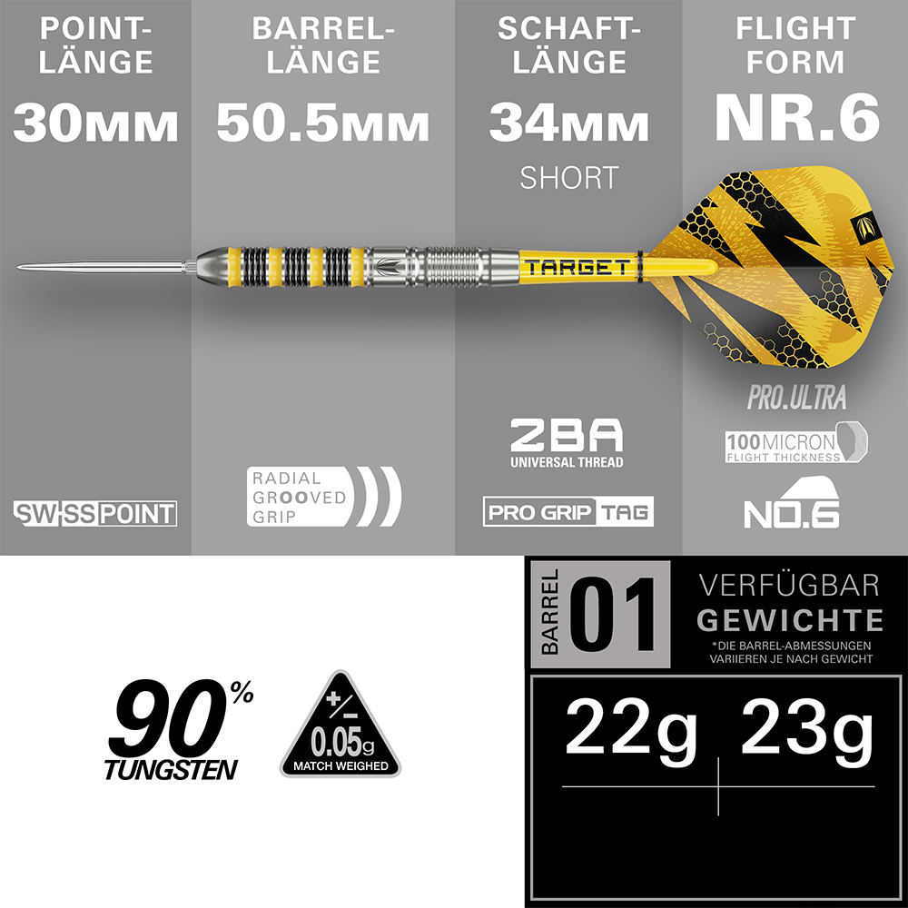 Fléchette acier Target BUZZ 01 jaune/noire, pointe Swiss Point argent 30 mm, corps 50,5 mm. Prise radiale anneaux jaunes/noirs. Tige logo « Target », ailettes Pro.Ultra (n° 6) motif alvéolé. 90 % tungstène, 22/23 g.