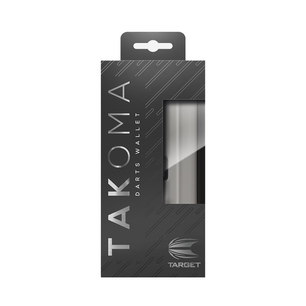 Emballage gris foncé de l'étui à fléchettes Takoma « Target ». Inscription verticale « TAKOMA », à côté « DARTS WALLET ». À droite, fenêtre montrant une partie de l'étui gris. En bas à droite, logo « Target ». En haut, crochet à languette.