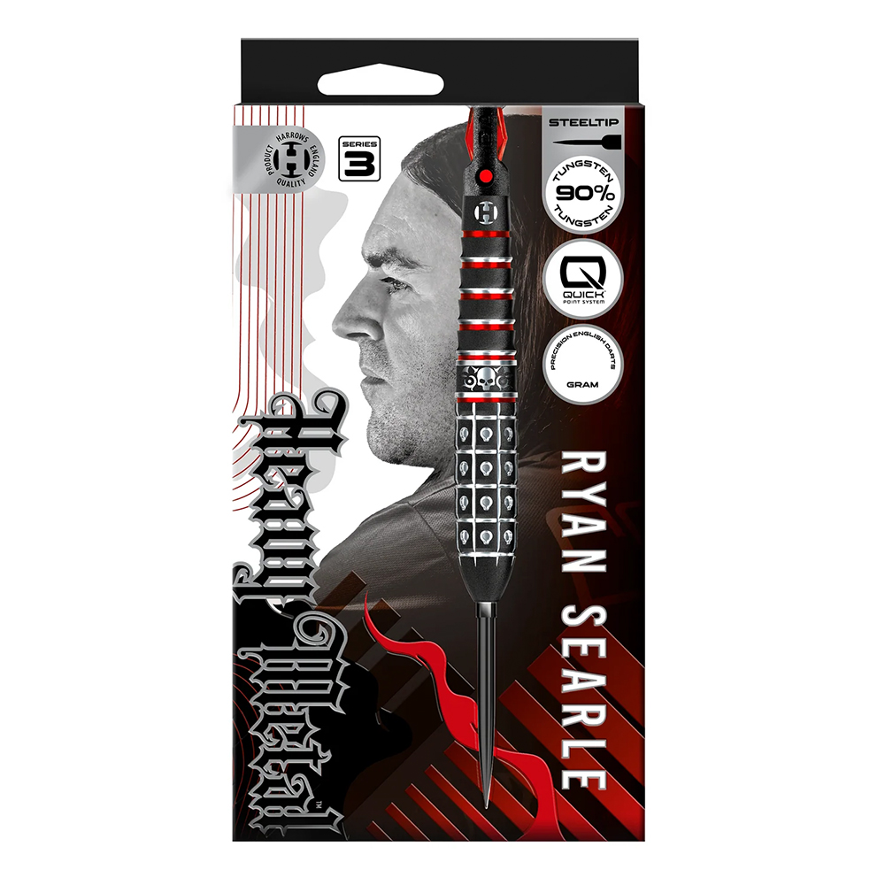 Harrows Ryan Searle Series 3 steel darts (90% tungsten), packaged. Striking black and red design with a skull engraving on the barrel and red accents. Black packaging featuring a profile picture of Ryan Searle and a reference to Quick Point.