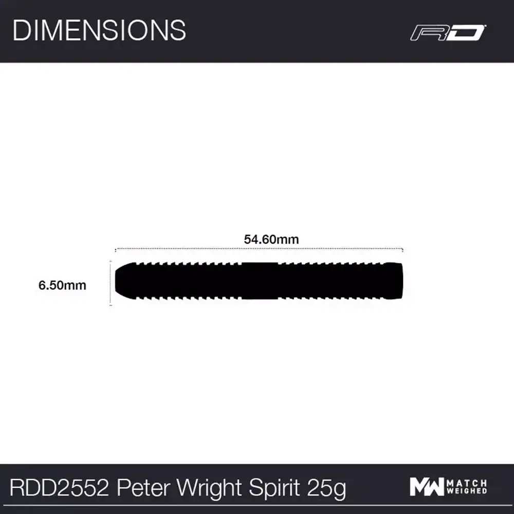 Technical drawing of the Peter Wright Spirit steel dart barrel. The black outline shows the cylindrical dart body with a textured surface for better grip. Length 54.60 mm, max. Ø 6.50 mm. 25g barrel.