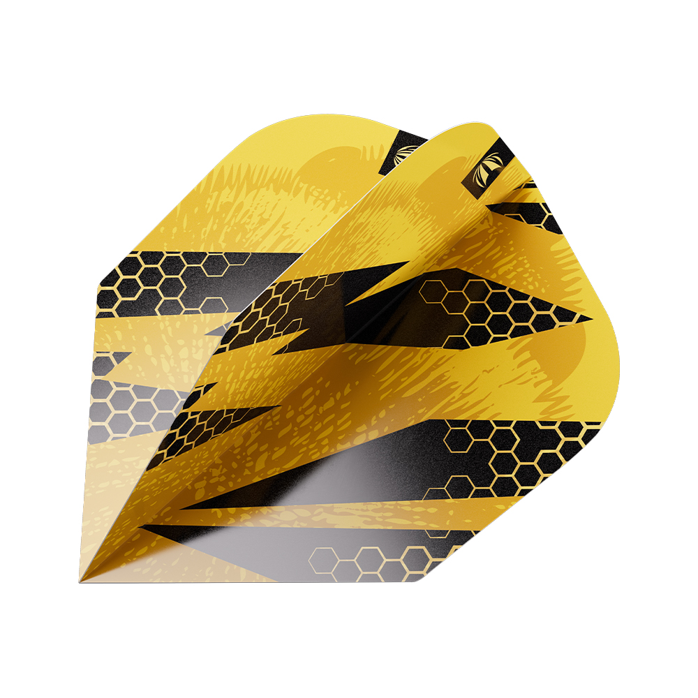 Trois plumes de fléchettes n°6 BUZZ Pro.Ultra noir et jaune, superposées. Les zones jaunes ont une texture rugueuse, les noires un motif alvéolé jaune doré. Des bandes noires cassent le jaune et soulignent l’effet abeille.