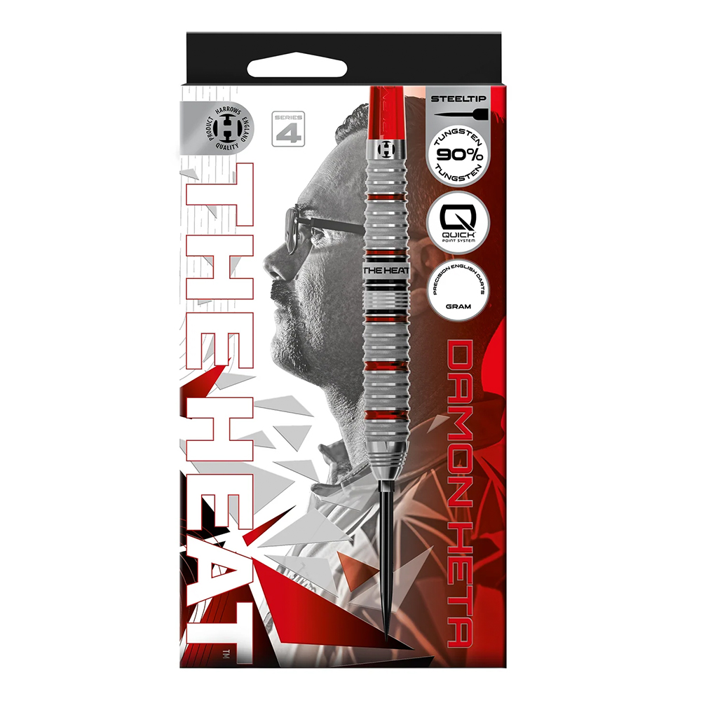 Harrows in vertical packaging: Damon Heta 90% Tungsten Steel Darts Series 4. Black-and-white profile of Damon Heta and red-and-silver steel dart with precision ring cuts. Lettering: “THE HEAT”, “DAMON HETA” and the Quick Point System logo.