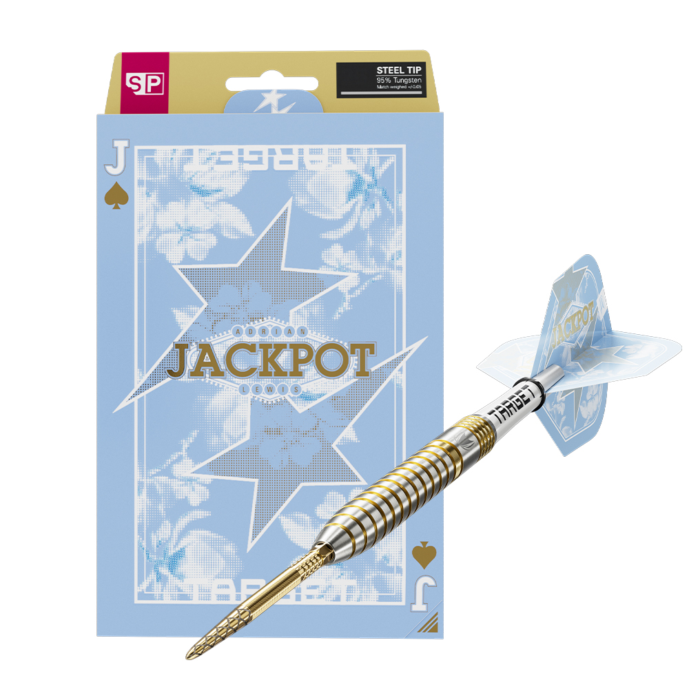 Fléchettes en acier dorées et argentées, avec une pointe dorée et un corps rainuré. Tige blanche, ailettes bleues « JACKPOT » ornées d’étoiles. Emballage bleu au design de carte : « JACKPOT », « SP », « 95 % tungstène ».