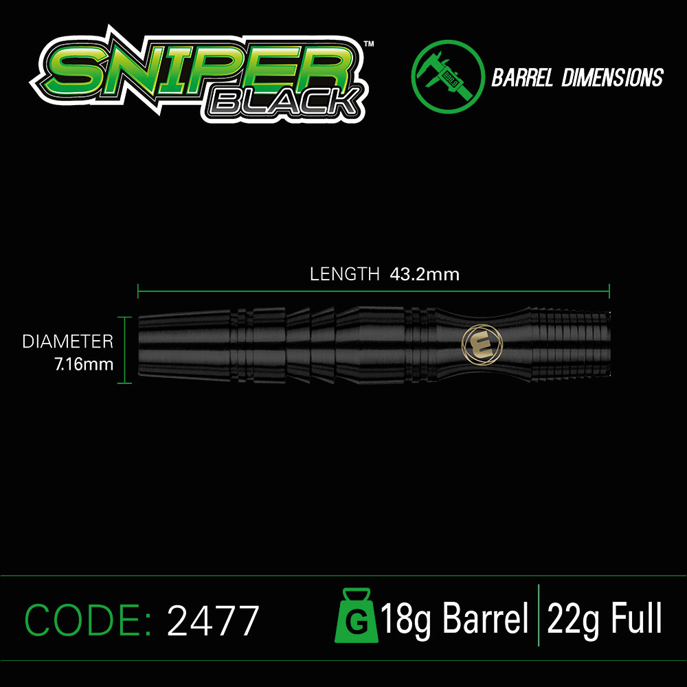 Schwarzer Winmau Sniper Black Softdart-Barrel mit aggressiver PVD-Beschichtung. Präzise Maße: Länge 43.2mm, Durchmesser 7.16mm. Produktnr. 2477, Barrelgewicht 18g, Gesamtgewicht 22g.