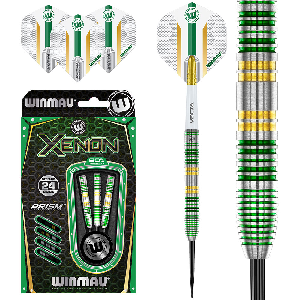 Winmau Xenon dart set comprising three 24g steel-tip darts. Green, gold and silver grooved barrels, white shafts and white flights with green and gold stripes. One dart is shown next to green packaging.