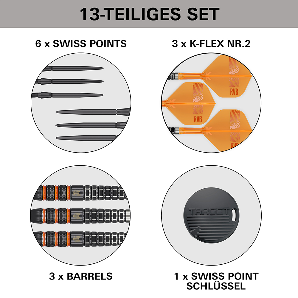 Set de 13 fléchettes en acier : 6 Swiss Points noirs, 3 plumes K-Flex n° 2 orange fluo avec logo RVB/rayures tigrées, 3 corps de fléchettes gris foncé avec touches orange/zones antidérapantes et une clé Swiss Point ronde noire de Target.