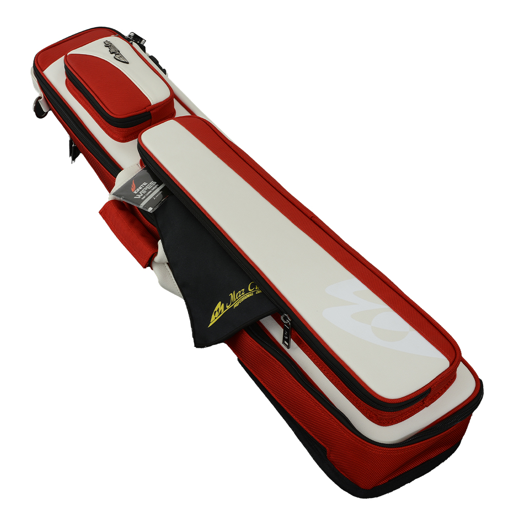 Mezz Sac à queues souple rouge/crème, vue de dessus en biais. Plusieurs compartiments à fermeture éclair, détail noir orné du logo doré « Mezz ». Pour les queues de billard et les accessoires.