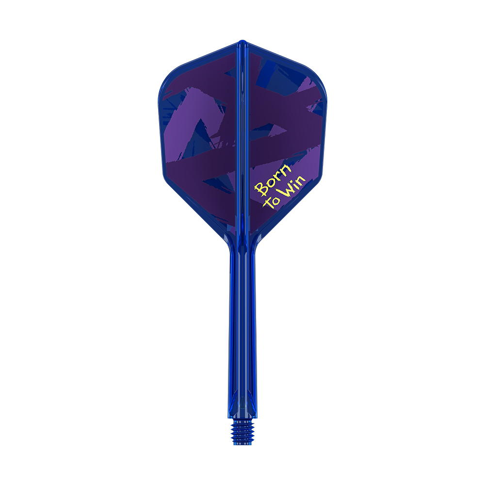 Blauer Dart-Flight mit dunkellila Design. Die Flügel zeigen unregelmäßige blaue und hellviolette Pinselstriche. Rechts steht schräg in gelber Schrift „Born To Win“. Der Schaft ist blau mit Gewinde unten.