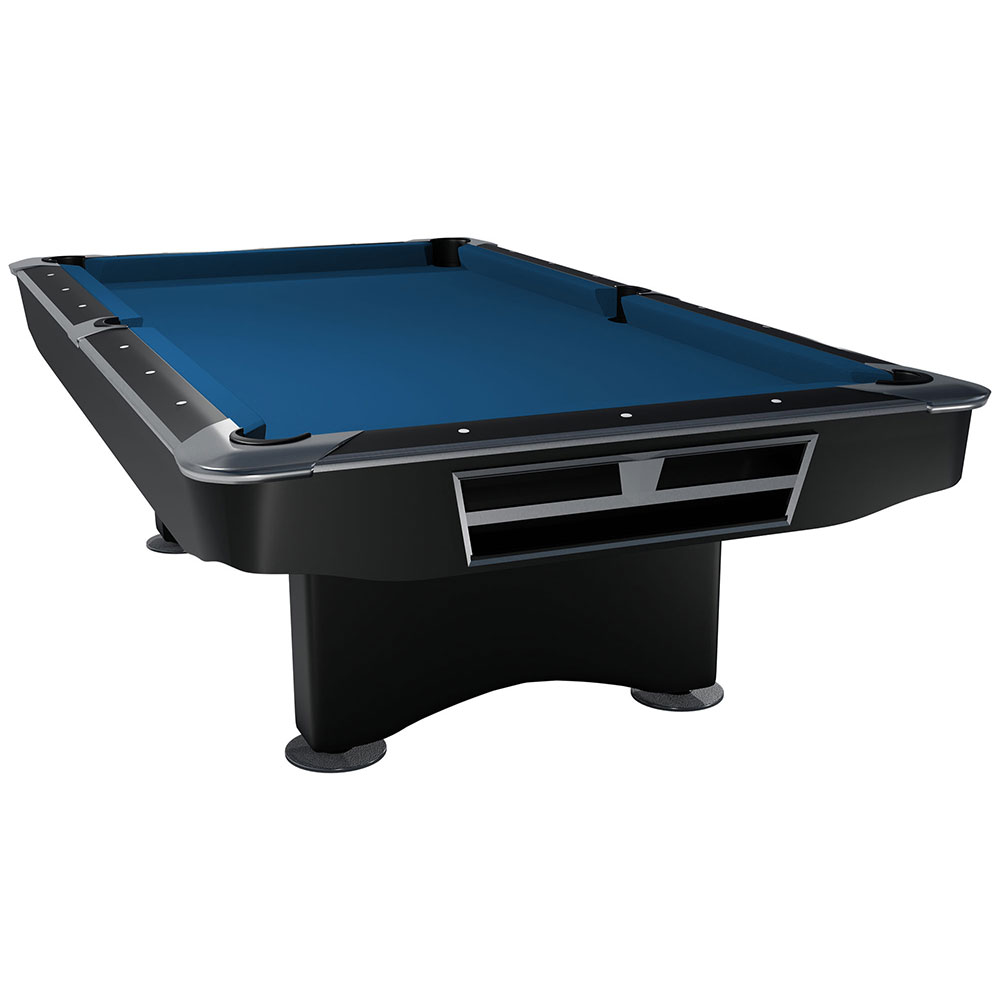 An elegant billiard table with a bright blue felt playing surface and a sturdy black frame. Edges with shiny silver accents, black ball return slots on the sides. Two solid black bases with round legs.