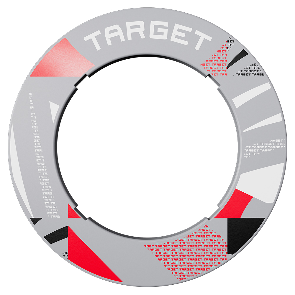 Catchring gris à motifs pour cible de fléchettes de la marque Target, au design moderne dans les tons rouge, noir et blanc, orné de l'inscription « Target ». Doté d'encoches permettant d'y fixer des accessoires, il protège le mur autour de la cible.