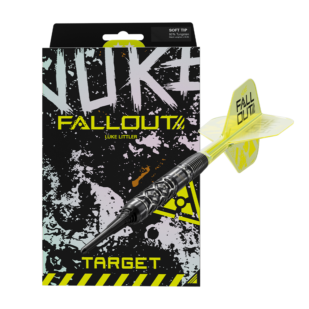 Fléchette souple noire « Luke Littler Fallout » au corps usiné avec précision et revêtement PVD noir. Tige et ailette jaunes design « FALLOUT » avec symbole Nuke. Emballage noir avec effigie Luke Littler et avertissement jaune.