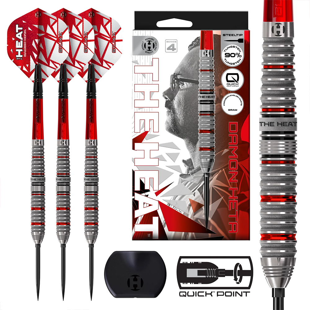 Three steel darts from the Harrows Damon Heta Series 4, featuring red shafts, silver barrels and red Heat flights, are pictured alongside the packaging. The red box features Damon Heta and highlights the Quick Point System.