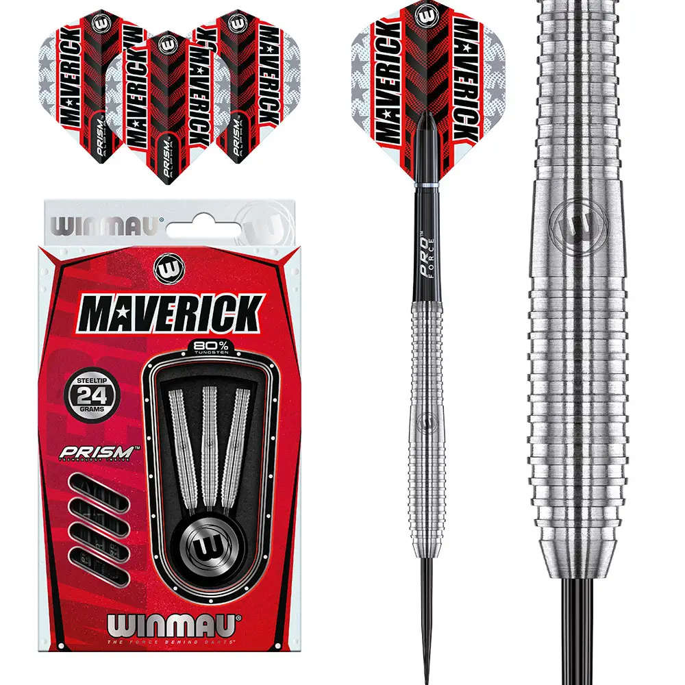 Winmau Maverick Steeldarts-Set: drei silberne 24g Barrels in roter Verpackung und ein montierter Dart. Dieser hat einen silbernen geriffelten 80% Wolfram-Barrel, schwarzen Schaft und weißen Flight mit Maverick-Details.