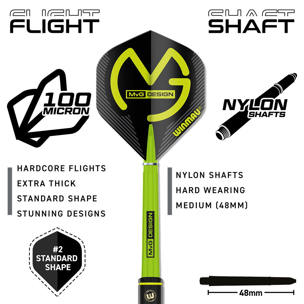 A steel-tip dart flight and shaft from Winmau in the Michael van Gerwen design. The flight is black with a bright green MVG logo, 100 microns thick and has a standard shape. The neon-green shaft is made of robust nylon and is 48mm long.