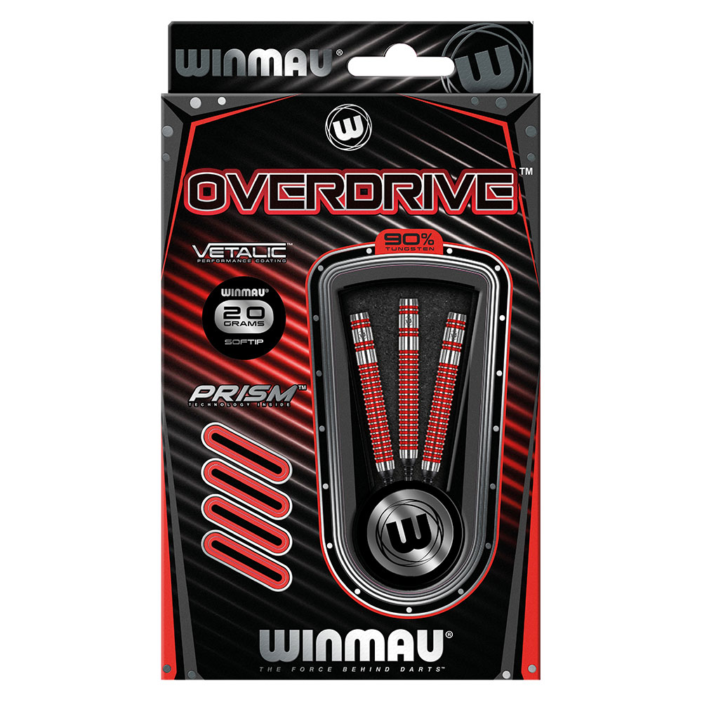 Emballage noir/rouge « Winmau » Overdrive Softdart contenant 3 fléchettes argent-rouge (20 g) avec rainures rouges et pointes souples noires. Boîte avec logos : Winmau, Overdrive, 90 % de tungstène, Prism Technology Inside.