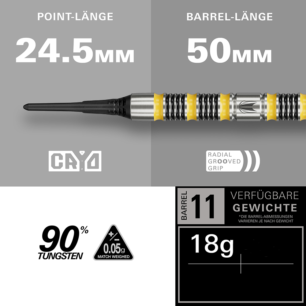 Gros plan sur la fléchette souple BUZZ 11 de Target, avec pointe Cryo noire, corps argenté, anneaux jaunes/noirs et préhension rainurée radialement. Détails : pointe 24,5 mm, corps 50 mm, 90 % tungstène, tolérance 0,05 g, 18 g.