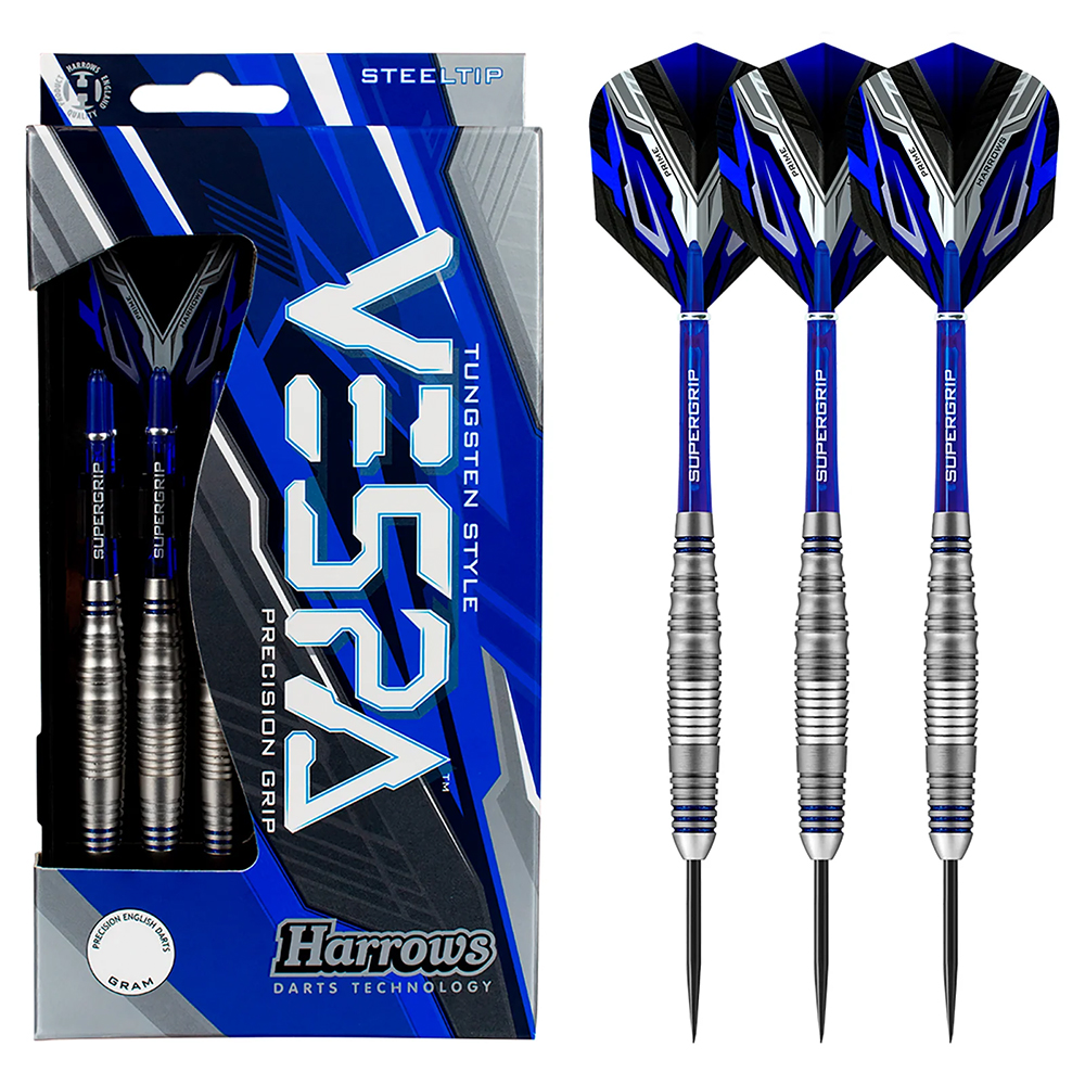 Harrows Vespa steel darts in a blue set. Three silver darts with blue SUPERGRIP shafts and blue, black and white flights. Barrels with a fine ring and wave grip. Blue packaging featuring a large white VESPA logo.