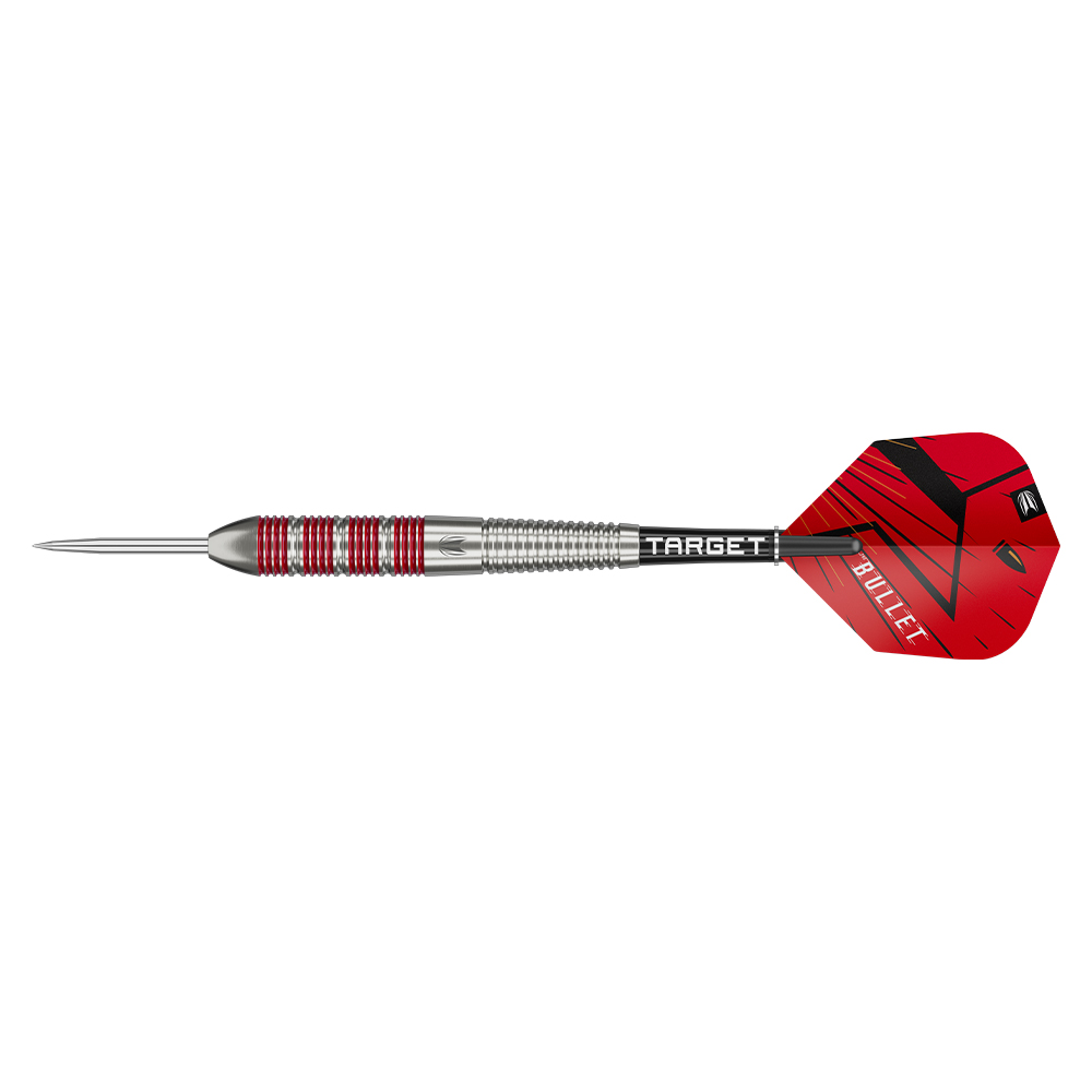 Fléchette en acier Stephen Bunting en laiton, couleur argent/rouge, pointe argentée, corps rainuré, zone de préhension rouge. Tige noire avec le logo « Target ». Voleur rouge avec motifs noirs et inscription « Bullet ».
