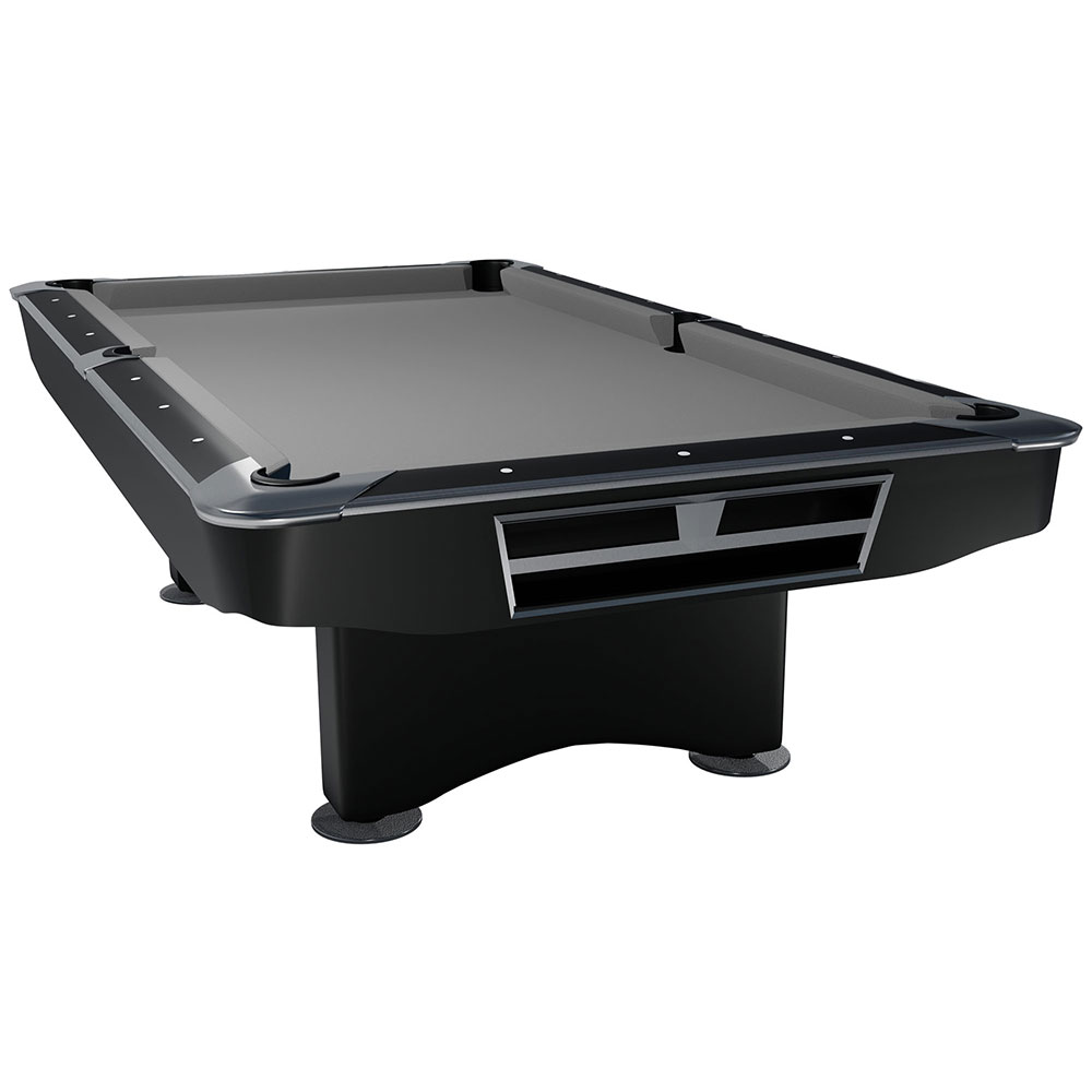 Modern black billiard table with dark grey felt, depicted from an angled perspective from the top left. Black rails with white markings, six pockets, shiny metal corners. Ball return visible at the side, stable on round legs.