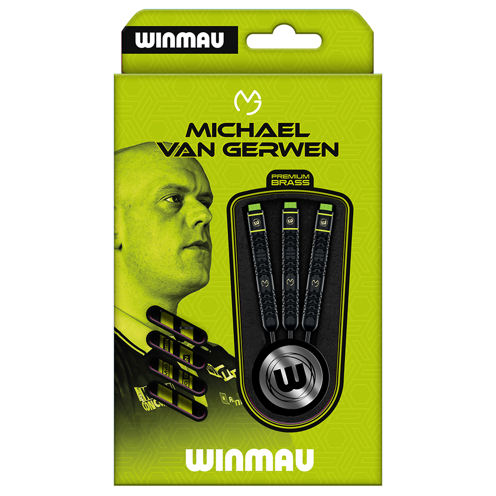 Lime-green packaging for Winmau Michael van Gerwen Premium Brass steel darts. On the left, a portrait of Michael van Gerwen in lime green and black. On the right, three black steel darts with green accents and the Winmau logo.