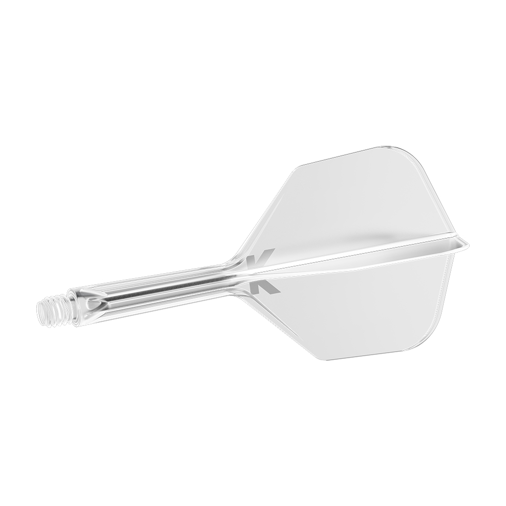 Ailette de fléchette K-Flex transparente n° 06 Clear « Target ». Design transparent monobloc valorisant la tige filetée et la forme aérodynamique. À l’intérieur, logo « K » discret, signe de la gamme Intermediate.