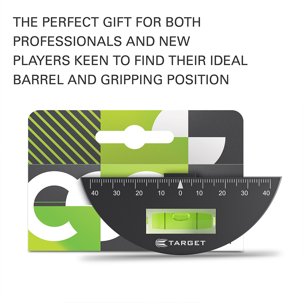 Black, semi-circular ‘ Target ’ centre of gravity tool with a scale ranging from -40 to +40 and an integrated green spirit level. Supplied in green and black packaging for precise centre of gravity and balance analysis of darts.