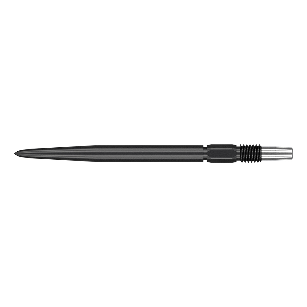 Eine schlanke schwarze Dartspitze mit scharfer, konischer Spitze. Am anderen Ende ein geriffelter, sechseckiger Schaft mit fein gerilltem, silbernem Gewinde zur Befestigung am Dartkörper. Matt, unreflektierend.