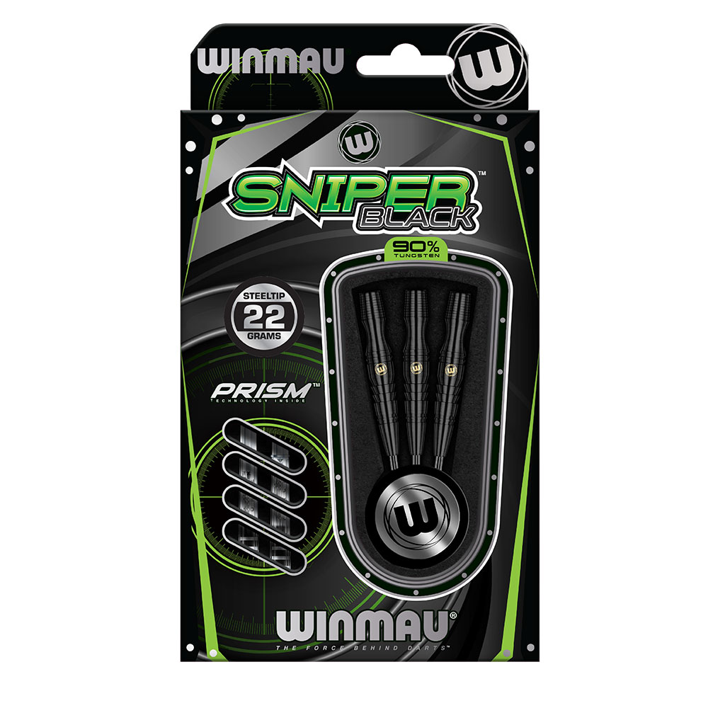 Verpackung von Winmau Sniper Black Steeltip Darts, 22 g, 90% Wolfram. Drei schwarze Darts mit gerändeltem Griff und goldfarbenem 'W'-Logo sichtbar. Packung schwarz mit grünen Akzenten, 'Prism Technology Inside'.