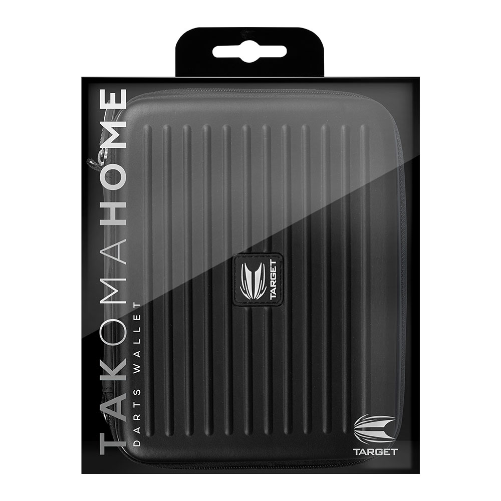 Sac à fléchettes Takoma Home noir, rectangulaire, marque « Target », en EVA robuste, emballage transparent. Rainures verticales à l'avant, fermeture éclair à droite. Logo « Target » blanc au centre, protection et rangement.